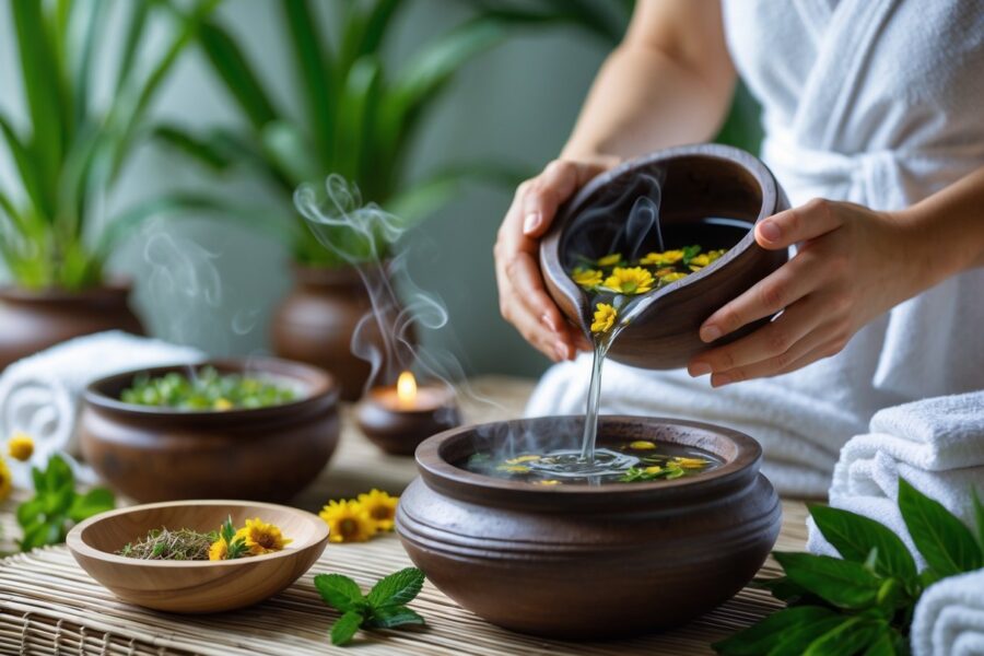Pessoa recebendo um banho de ervas em um ambiente de spa tranquilo com plantas e toalhas brancas.
