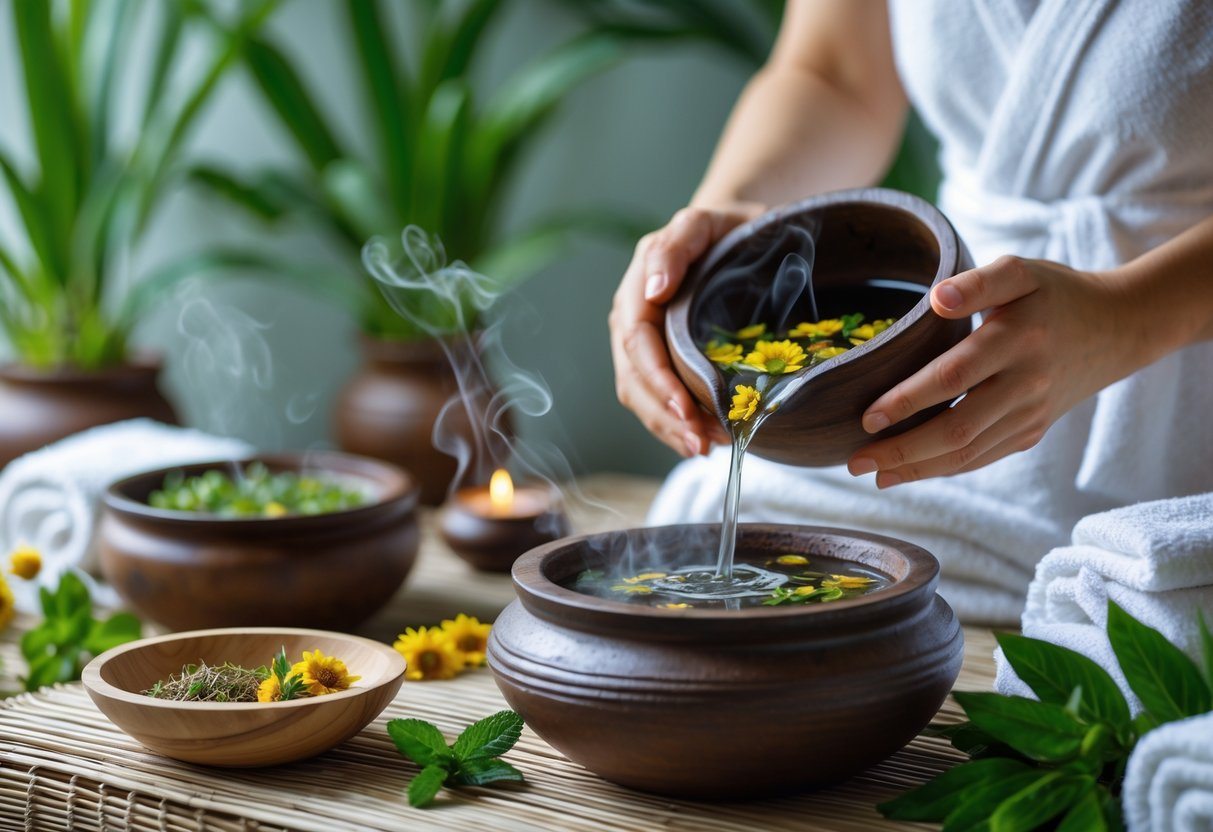 Pessoa recebendo um banho de ervas em um ambiente de spa tranquilo com plantas e toalhas brancas.