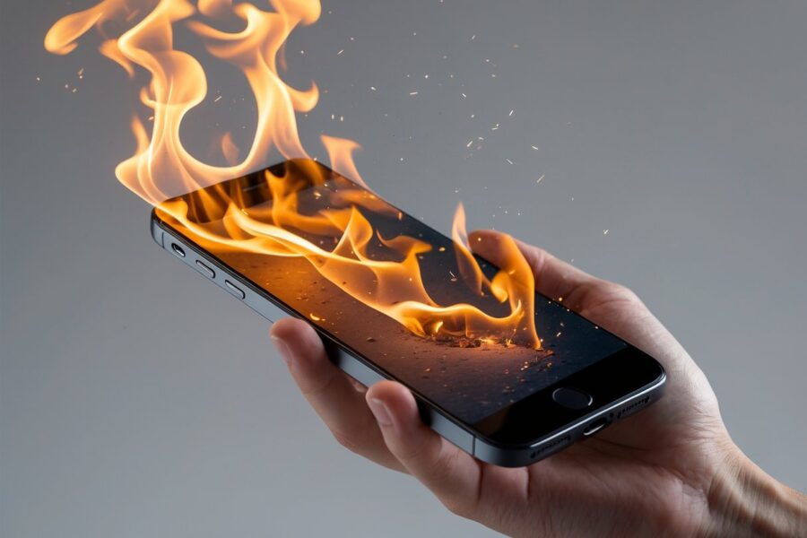 Um celular moderno pegando fogo enquanto é segurado por uma mão, com chamas e fumaça visíveis.
