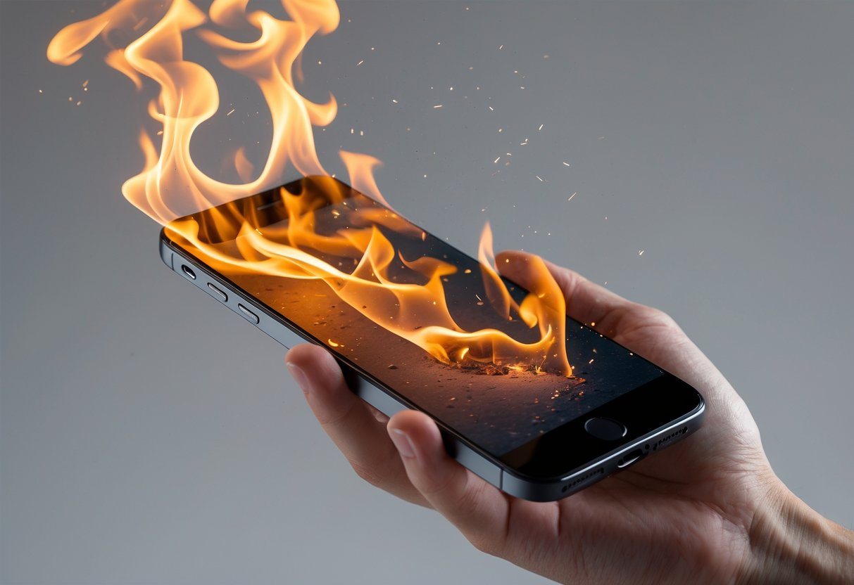 Um celular moderno pegando fogo enquanto é segurado por uma mão, com chamas e fumaça visíveis.