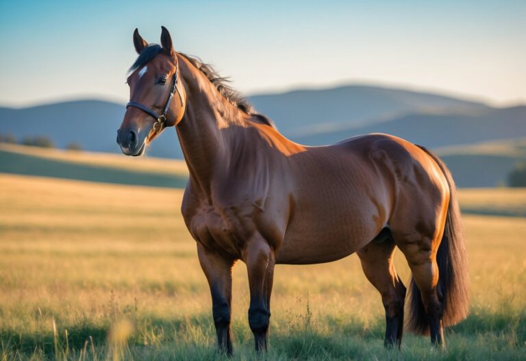 Um cavalo majestoso em um campo aberto iluminado pelo sol, com crina esvoaçante e colina ao fundo.