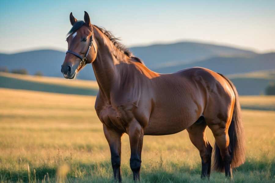 Um cavalo majestoso em um campo aberto iluminado pelo sol, com crina esvoaçante e colina ao fundo.