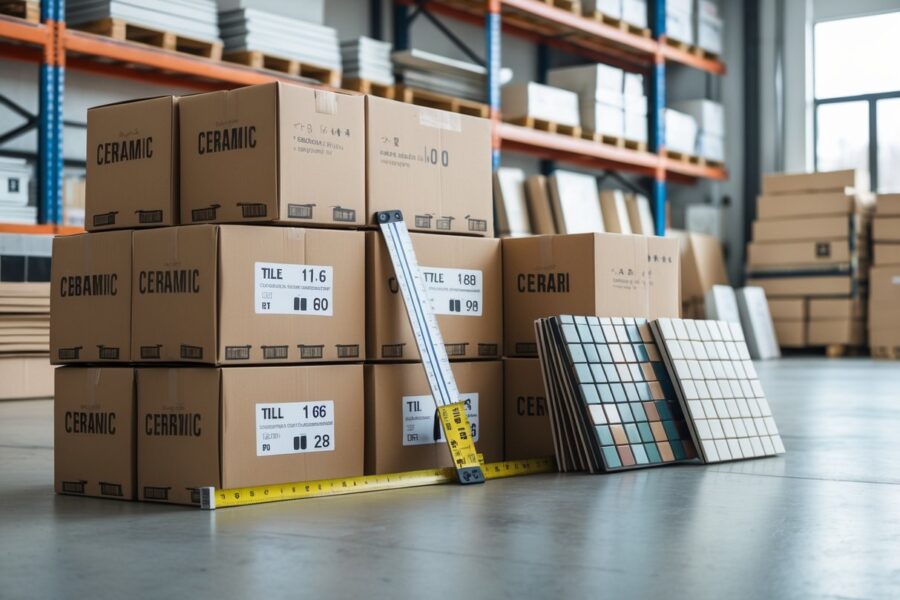 Caixas empilhadas de cerâmica com algumas peças expostas e uma fita métrica ao lado em um ambiente de loja ou depósito.