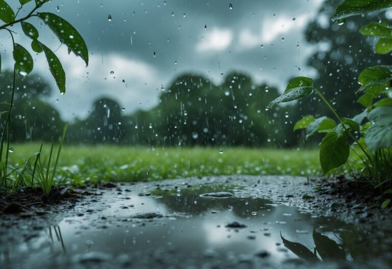 Cenário ao ar livre com chuva leve e esparsa caindo sobre vegetação verde e solo úmido.
