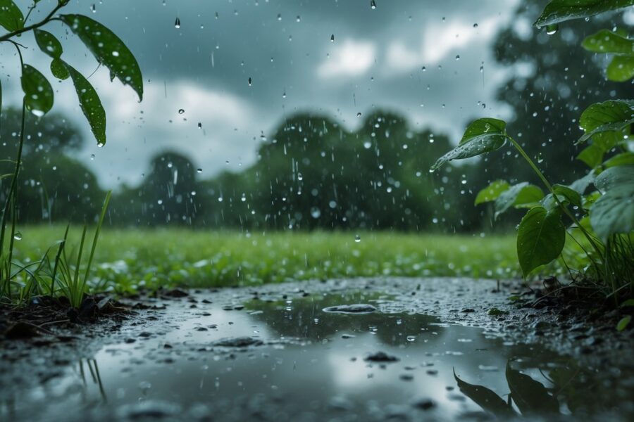 Cenário ao ar livre com chuva leve e esparsa caindo sobre vegetação verde e solo úmido.