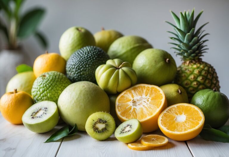 Vários tipos de frutas frescas dispostas sobre uma superfície clara, mostrando cores vibrantes e detalhes das frutas cortadas e inteiras.