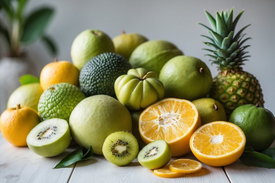 Vários tipos de frutas frescas dispostas sobre uma superfície clara, mostrando cores vibrantes e detalhes das frutas cortadas e inteiras.