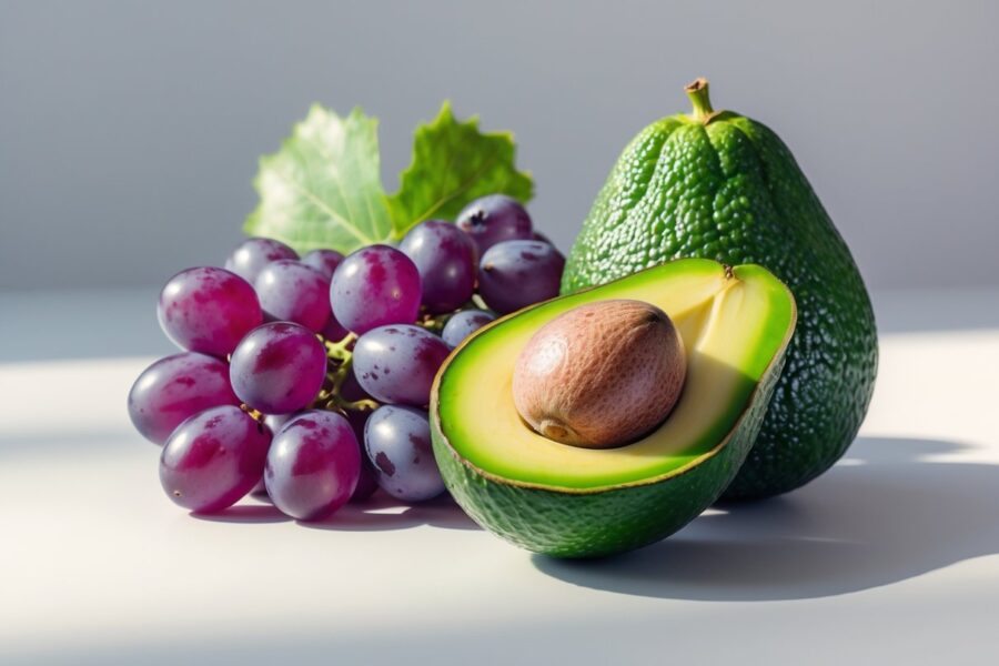 Fruta fresca e vibrante começando com a letra V, como uvas roxas ou um abacate cortado ao meio, sobre fundo neutro.