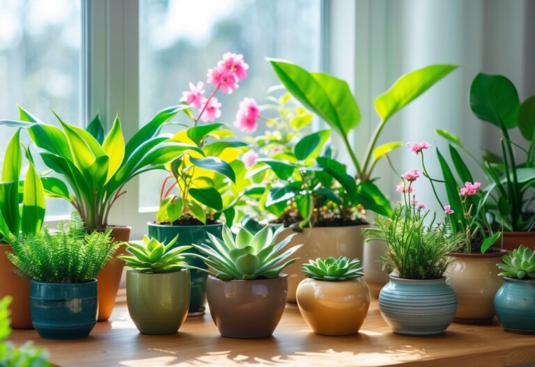 Várias plantas saudáveis e vibrantes em vasos decorativos sobre uma mesa de madeira próxima a uma janela com luz natural.