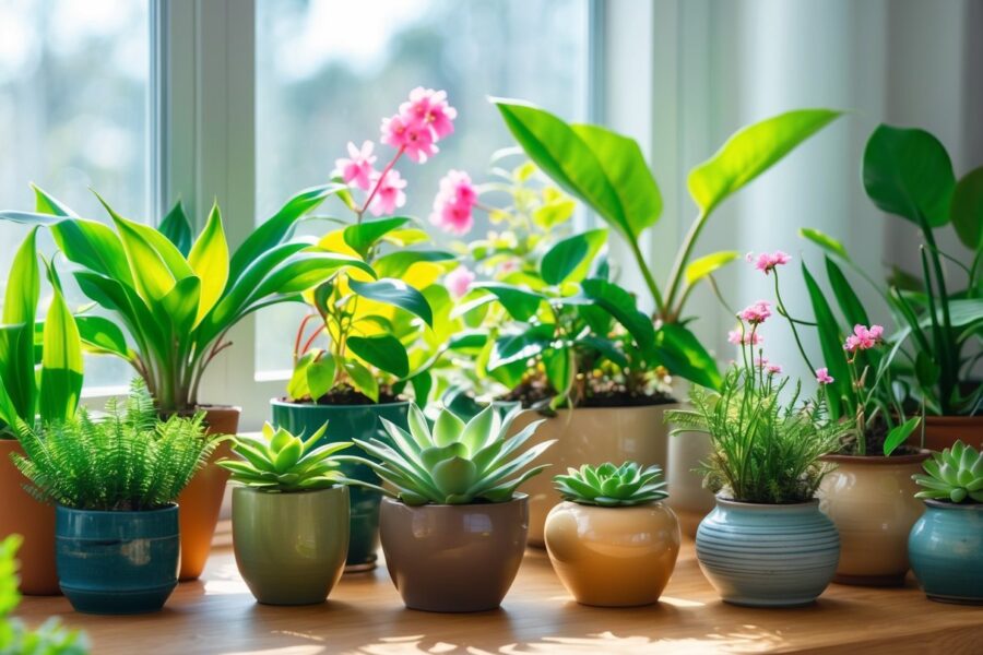 Várias plantas saudáveis e vibrantes em vasos decorativos sobre uma mesa de madeira próxima a uma janela com luz natural.