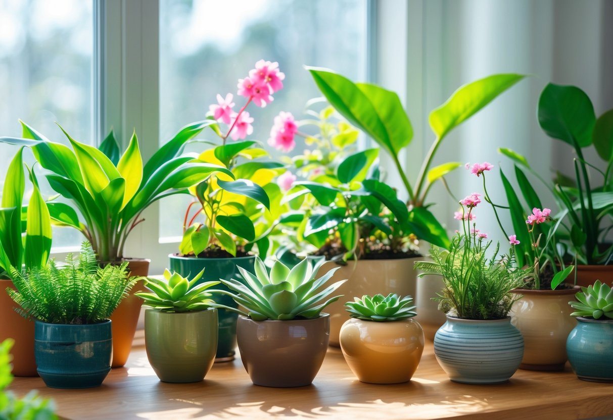 Várias plantas saudáveis e vibrantes em vasos decorativos sobre uma mesa de madeira próxima a uma janela com luz natural.