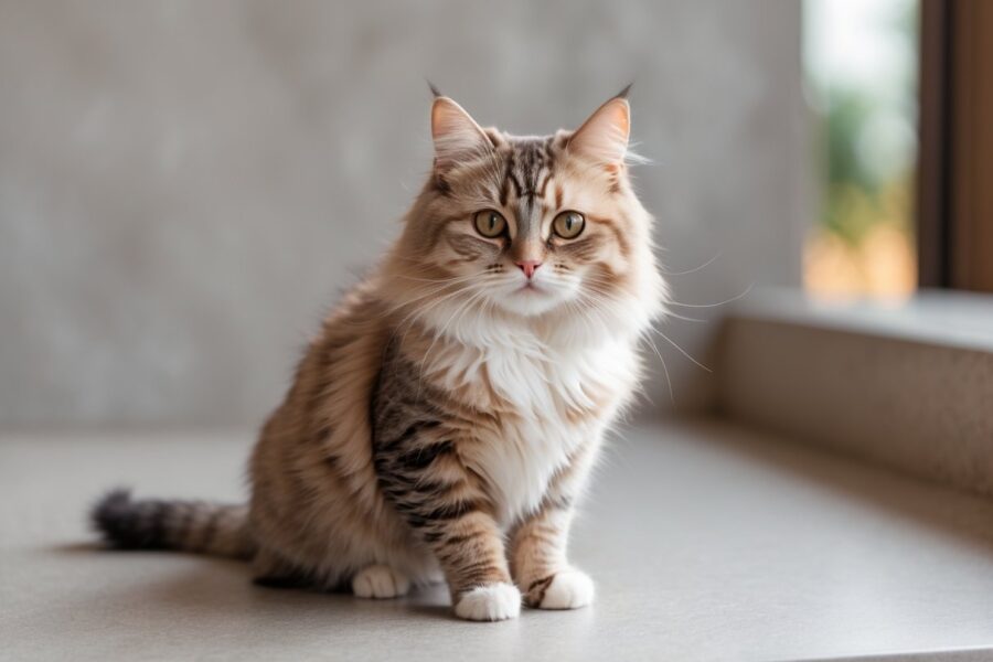 Um gato munchkin sentado em uma superfície neutra, com pelagem marrom clara e branca e olhos expressivos, olhando para a câmera.