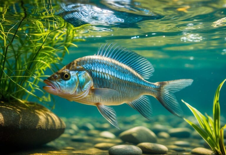 Peixe tilápia nadando em água doce clara com plantas aquáticas e pedras no fundo.