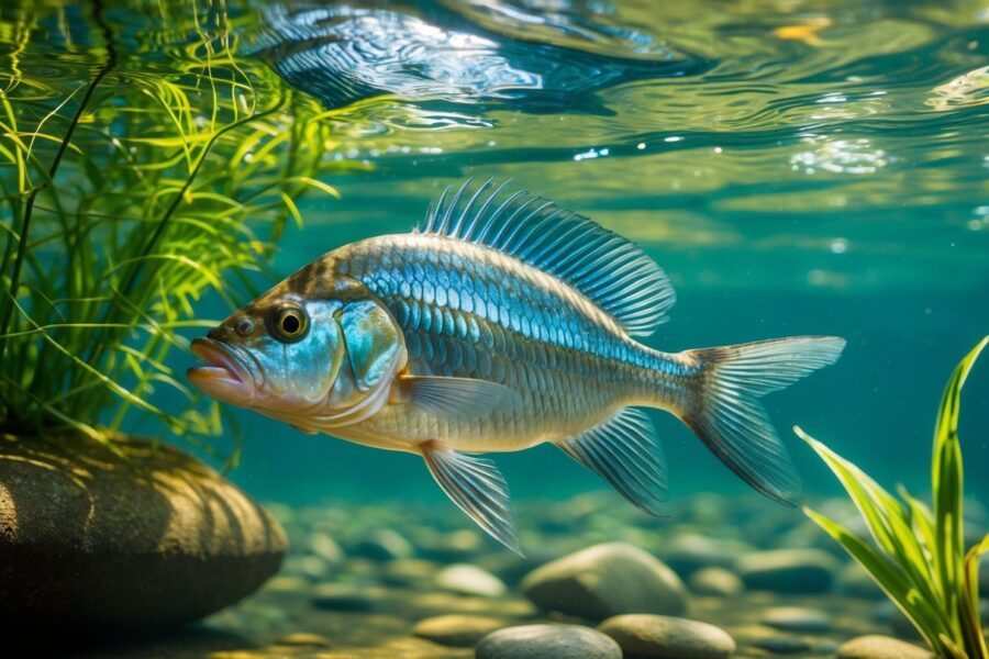 Peixe tilápia nadando em água doce clara com plantas aquáticas e pedras no fundo.