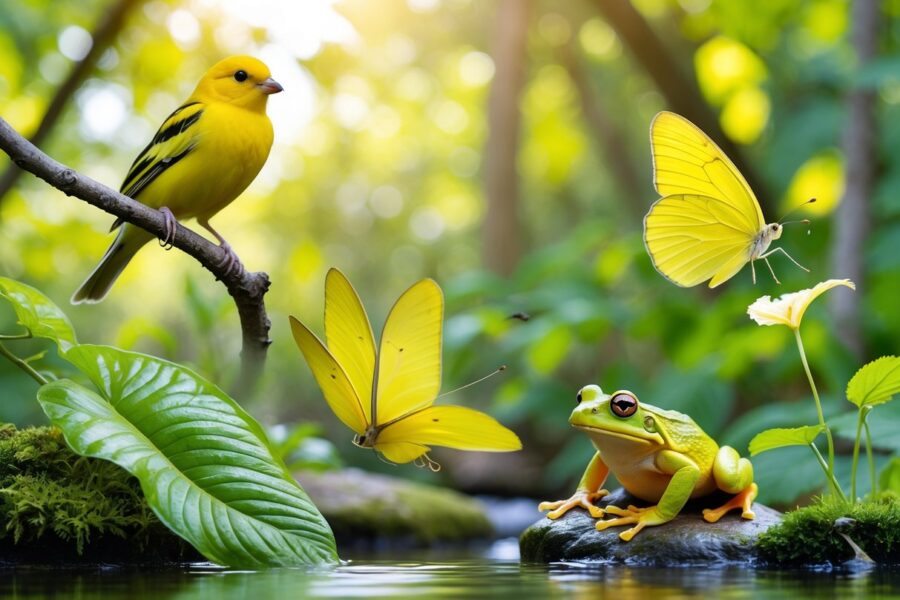 Vários animais amarelos, incluindo um canário, uma borboleta e um sapo, em um ambiente natural com vegetação verde.