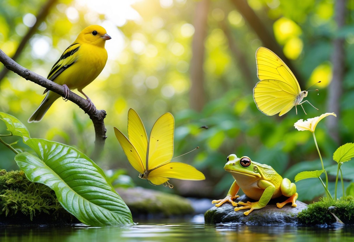 Vários animais amarelos, incluindo um canário, uma borboleta e um sapo, em um ambiente natural com vegetação verde.