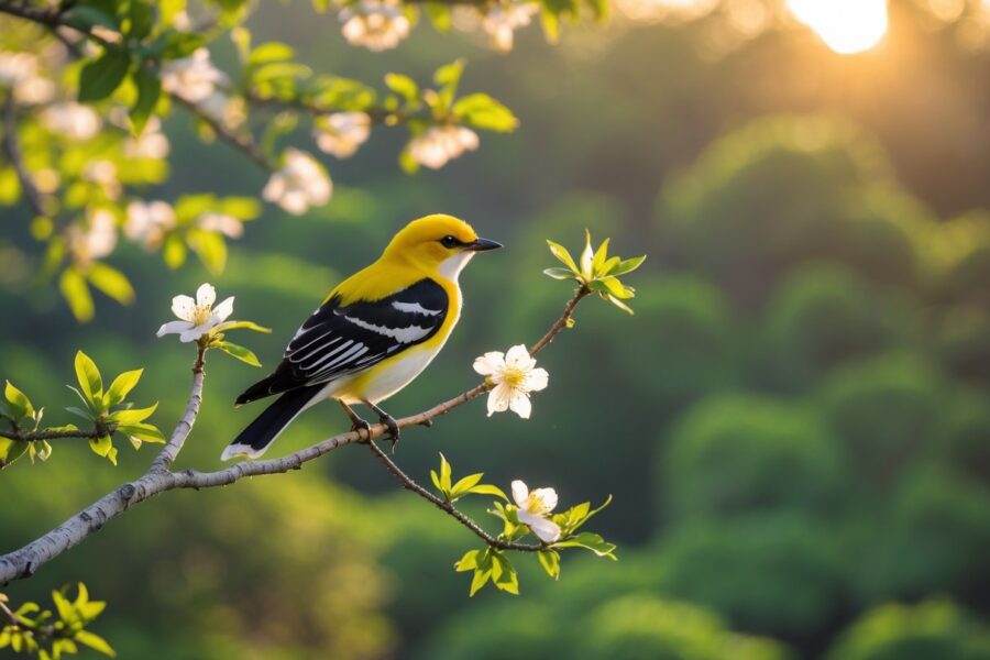 Um pássaro bem-te-vi colorido pousado em um galho de árvore com flores, com um fundo de floresta verde desfocado.