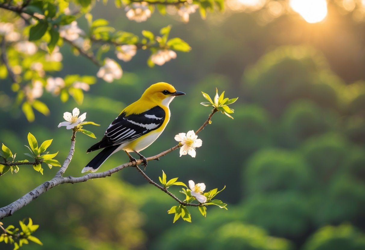 Um pássaro bem-te-vi colorido pousado em um galho de árvore com flores, com um fundo de floresta verde desfocado.