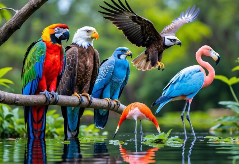 Vários pássaros famosos coloridos, como arara, águia, falcão, gaio e flamingo, em um ambiente natural com árvores e água.