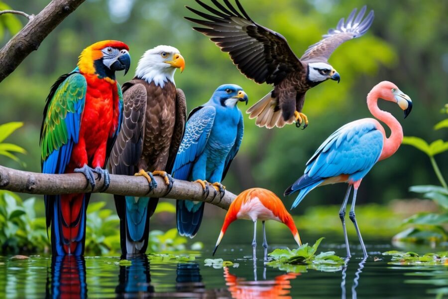 Vários pássaros famosos coloridos, como arara, águia, falcão, gaio e flamingo, em um ambiente natural com árvores e água.