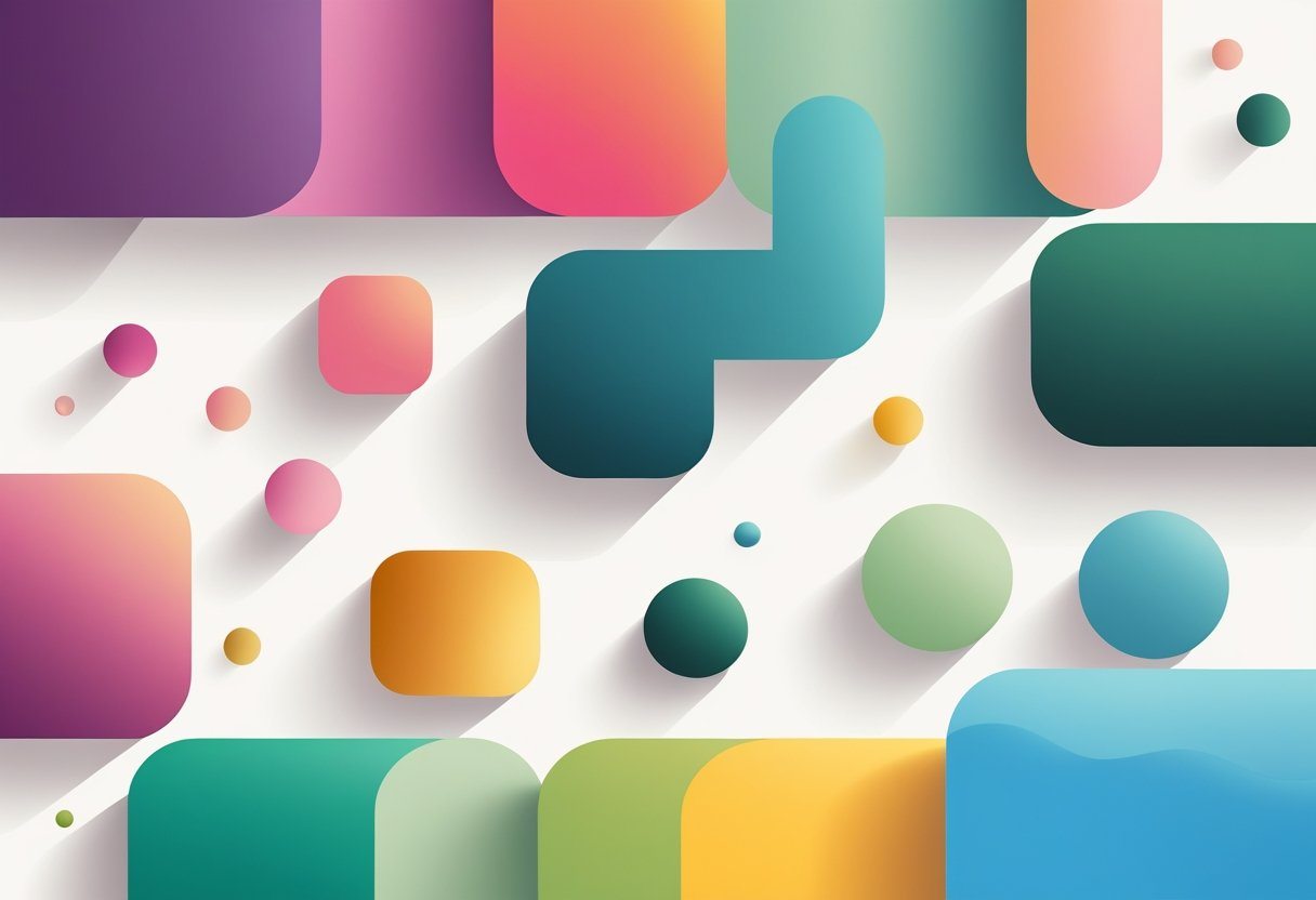 Ilustração mostrando várias cores que começam com a letra F, organizadas em formas abstratas e harmoniosas.