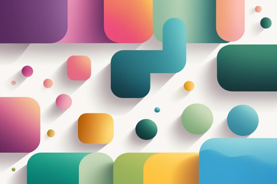 Ilustração mostrando várias cores que começam com a letra F, organizadas em formas abstratas e harmoniosas.