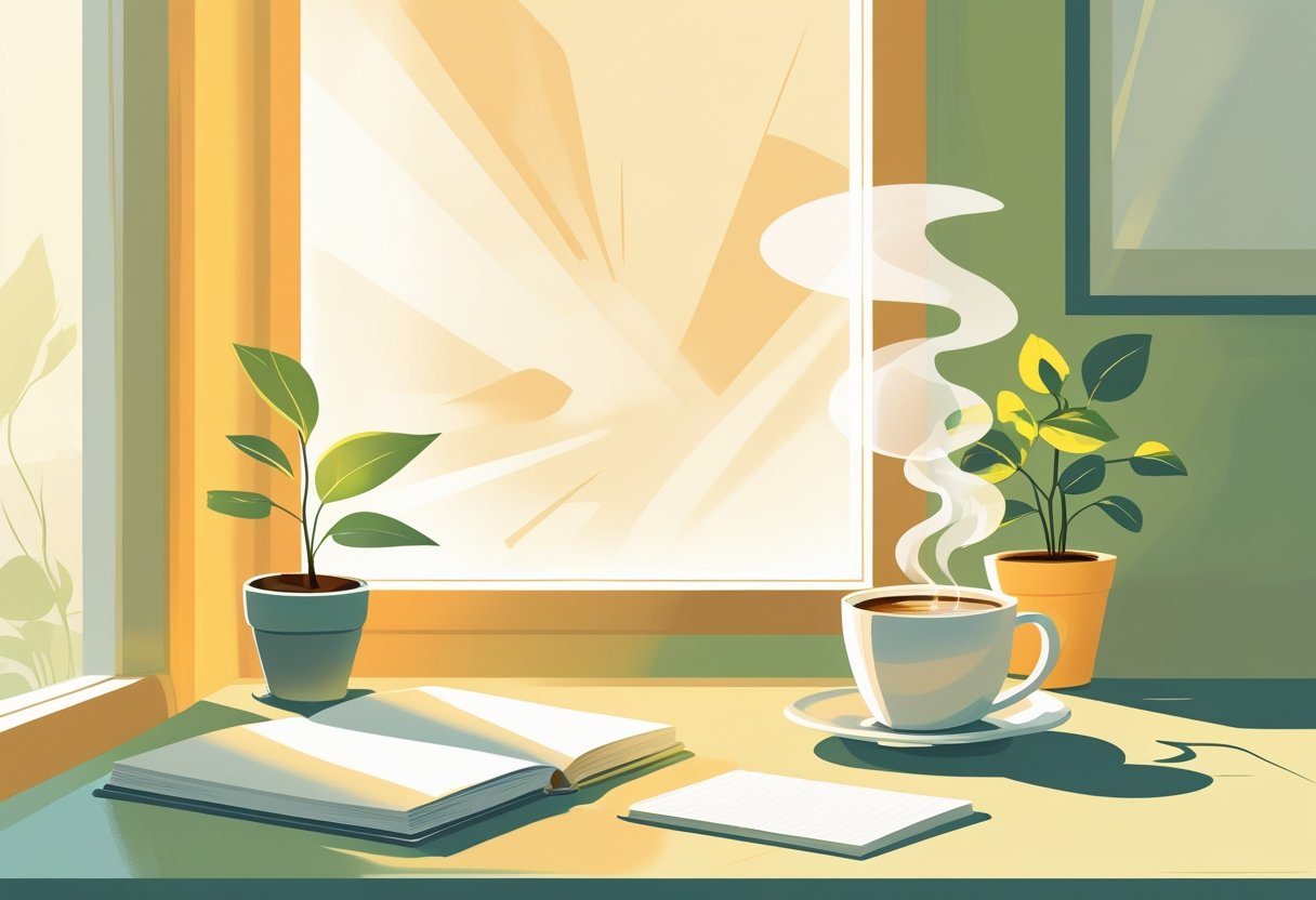Uma mesa organizada com um caderno aberto, uma xícara de café e uma planta pequena, iluminada por luz natural suave que entra pela janela.