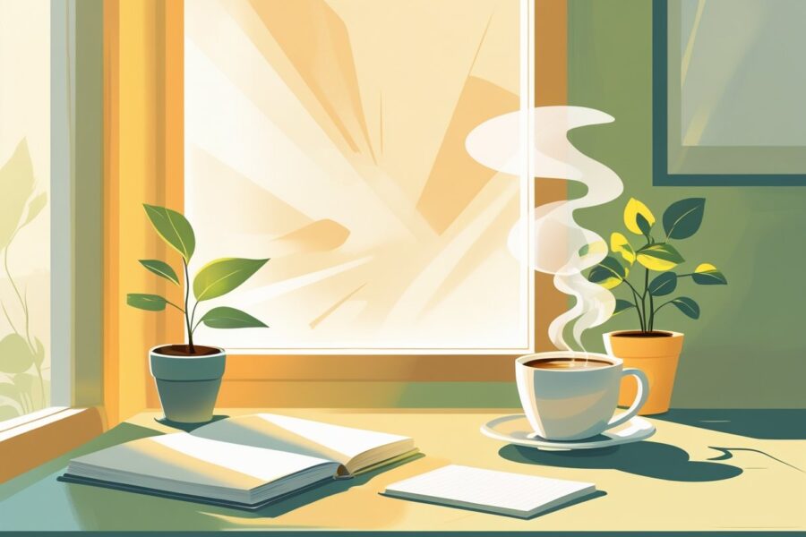 Uma mesa organizada com um caderno aberto, uma xícara de café e uma planta pequena, iluminada por luz natural suave que entra pela janela.