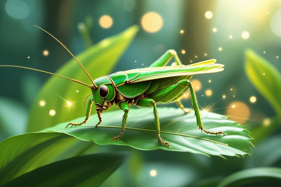 Um grilo verde pousado em uma folha verde em um ambiente natural com vegetação ao redor.