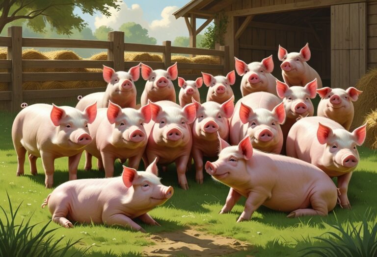 Um grupo de porcos reunidos em um ambiente de fazenda com cercas de madeira e um celeiro ao fundo.