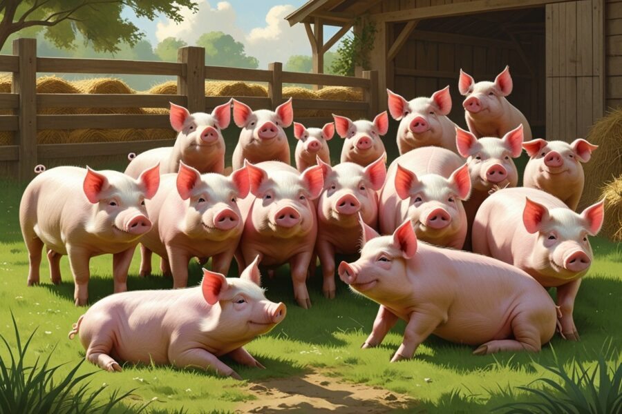 Um grupo de porcos reunidos em um ambiente de fazenda com cercas de madeira e um celeiro ao fundo.
