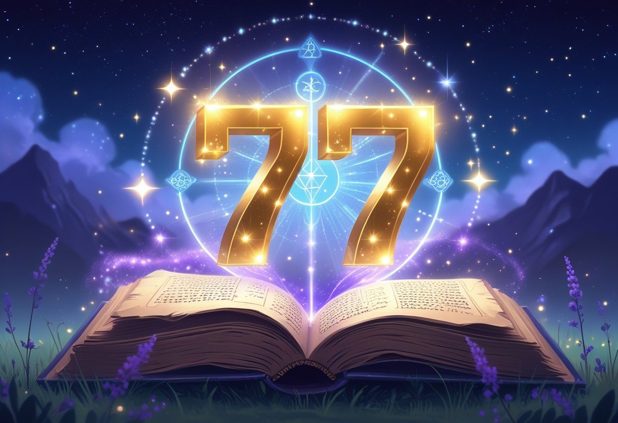 Número 777 brilhando acima de um livro antigo aberto, com luzes suaves e símbolos mágicos ao redor, sob um céu estrelado noturno.