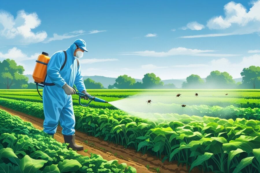 Um agricultor com roupa de proteção aplicando inseticida em uma plantação verde e saudável sob um céu azul.