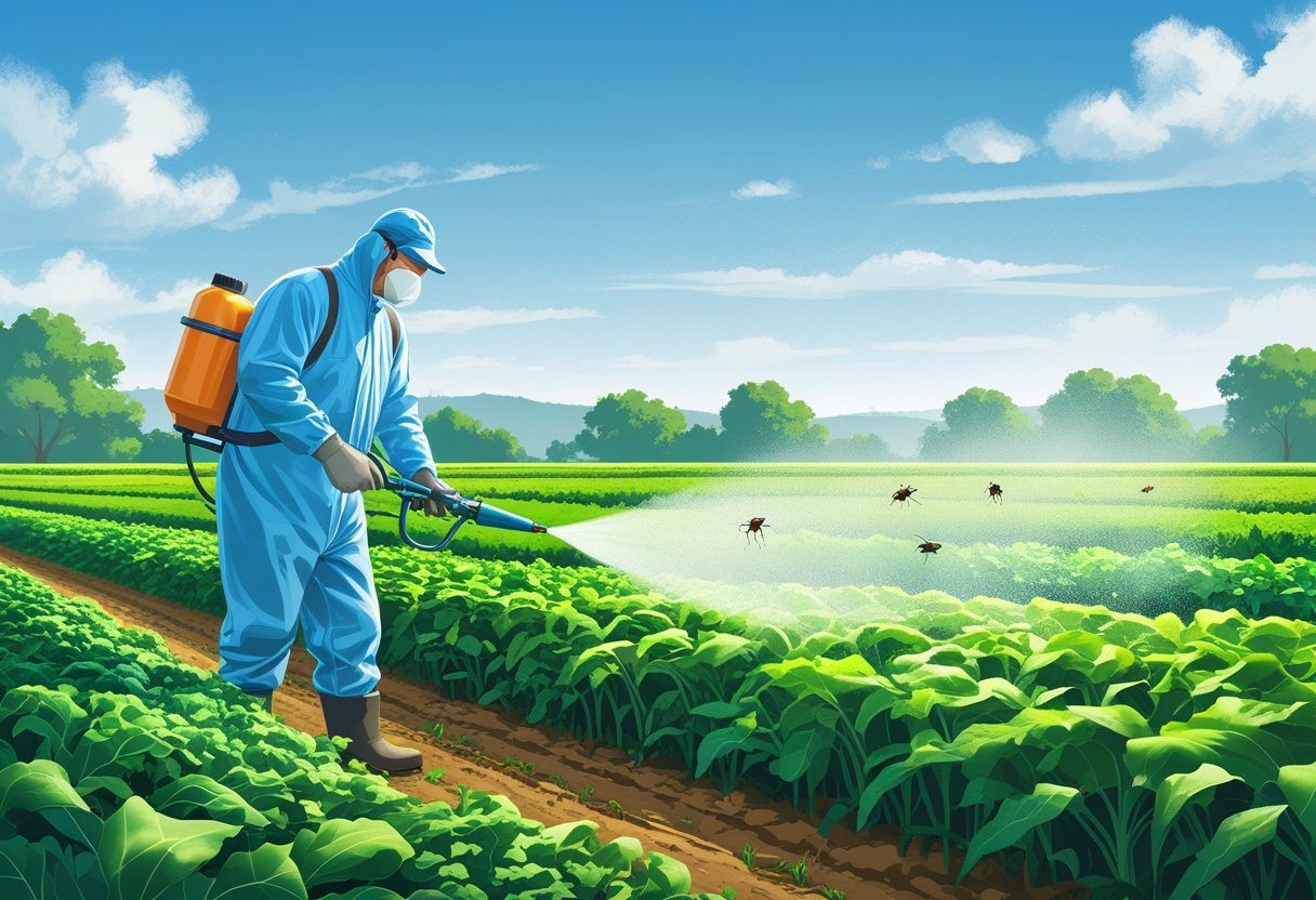 Um agricultor com roupa de proteção aplicando inseticida em uma plantação verde e saudável sob um céu azul.