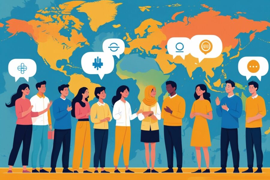 Grupo diverso de pessoas de diferentes culturas conversando animadamente com balões de fala contendo símbolos abstratos, com um mapa-múndi sutil ao fundo.