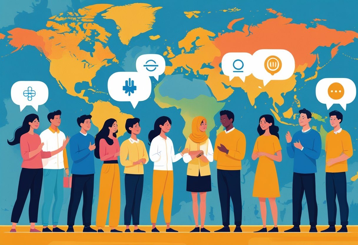 Grupo diverso de pessoas de diferentes culturas conversando animadamente com balões de fala contendo símbolos abstratos, com um mapa-múndi sutil ao fundo.