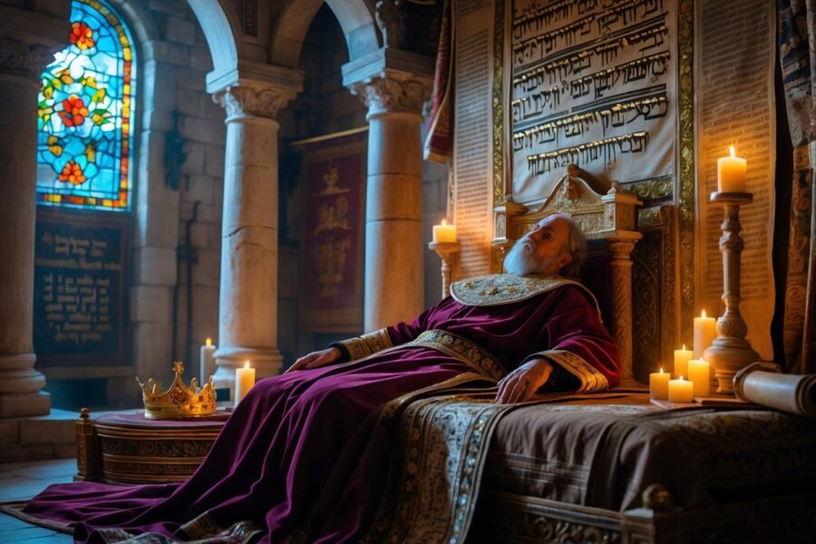 Cena histórica mostrando um rei antigo deitado em um leito em uma câmara real decorada, simbolizando a morte do rei Salomão.