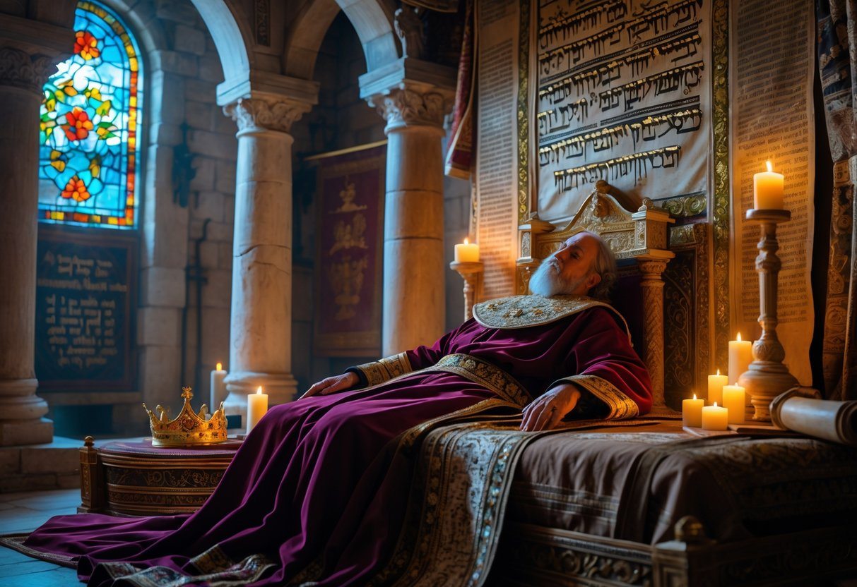 Cena histórica mostrando um rei antigo deitado em um leito em uma câmara real decorada, simbolizando a morte do rei Salomão.