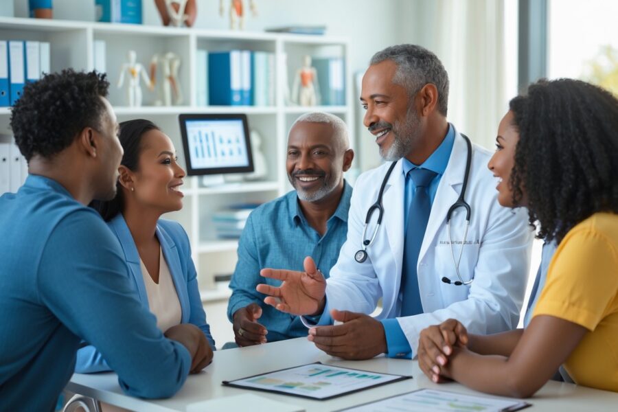 Um médico conversando com uma pessoa em um consultório moderno e iluminado, com livros e modelos anatômicos ao fundo.