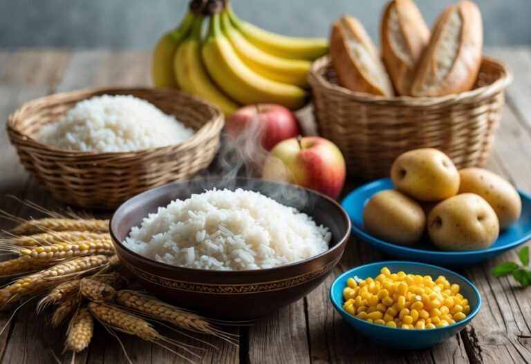 Mesa rústica com arroz branco, pão de trigo, bananas, maçãs, batatas cozidas e milho, todos os alimentos mais consumidos no mundo.