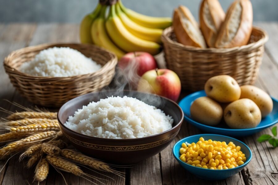 Mesa rústica com arroz branco, pão de trigo, bananas, maçãs, batatas cozidas e milho, todos os alimentos mais consumidos no mundo.