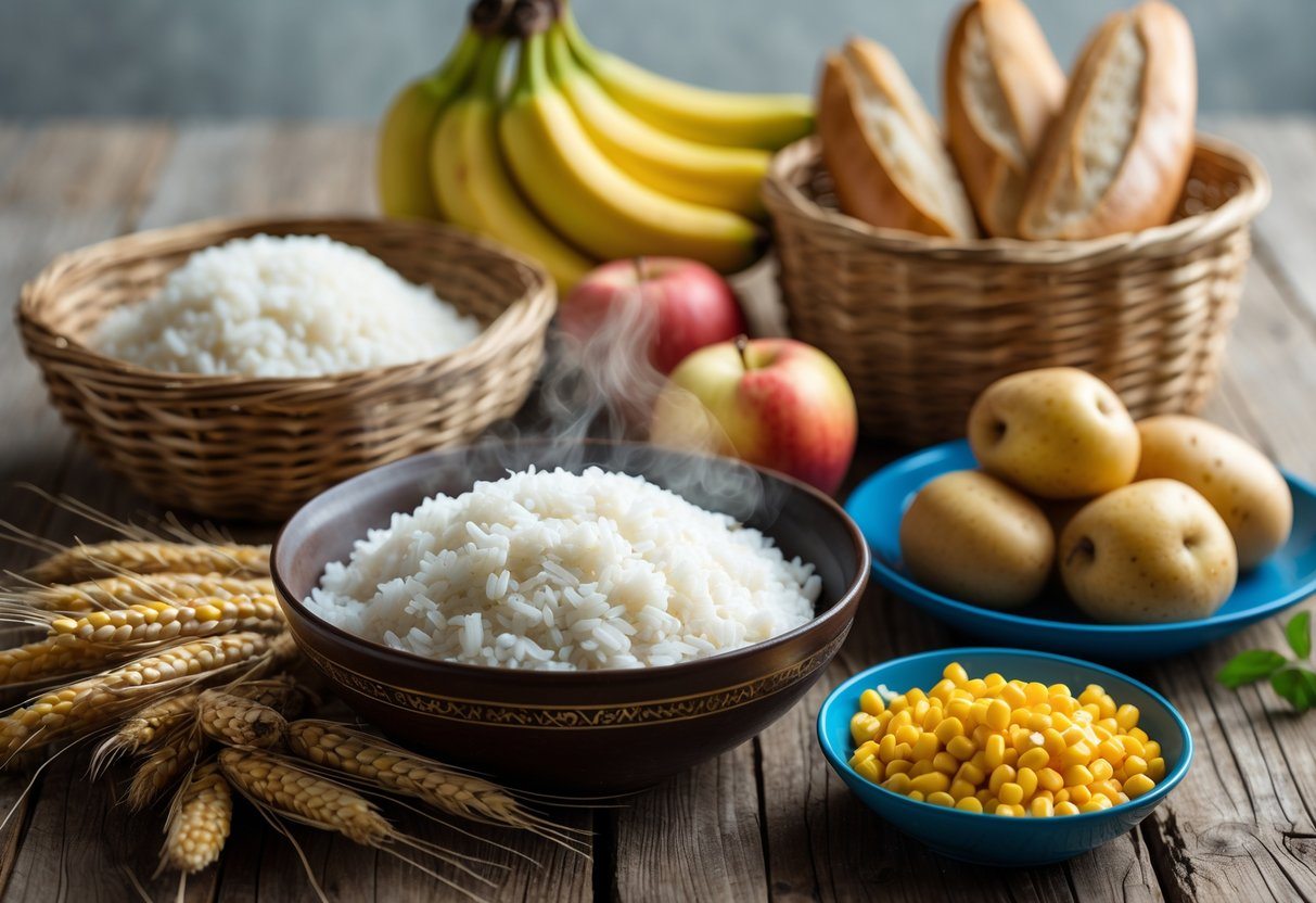 Mesa rústica com arroz branco, pão de trigo, bananas, maçãs, batatas cozidas e milho, todos os alimentos mais consumidos no mundo.