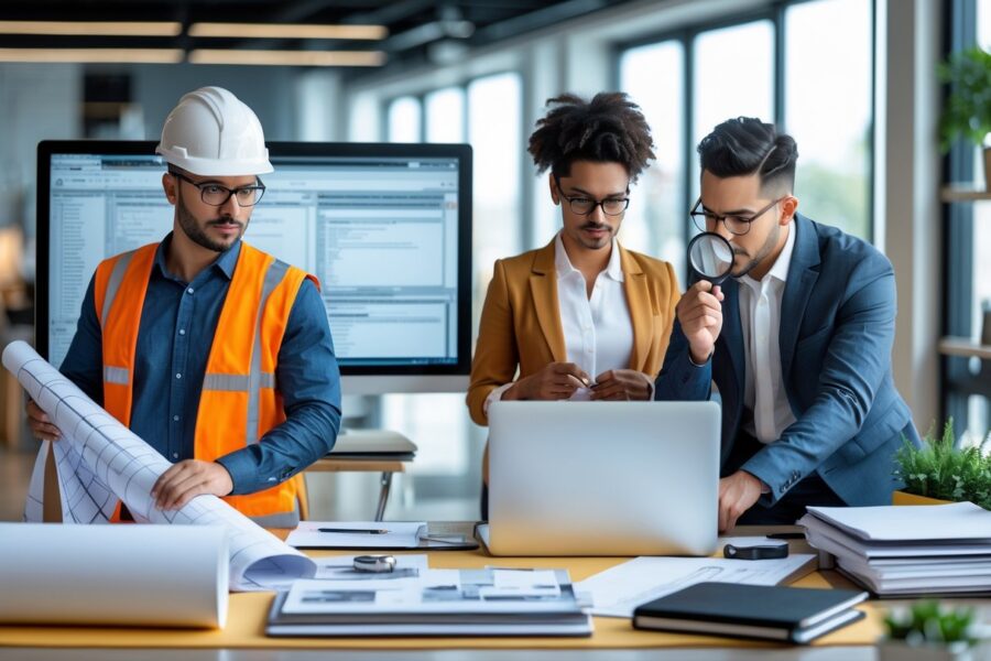 Quatro profissionais representando engenheiro industrial, especialista em TI, designer de interiores e investigador trabalhando em um ambiente de escritório moderno.