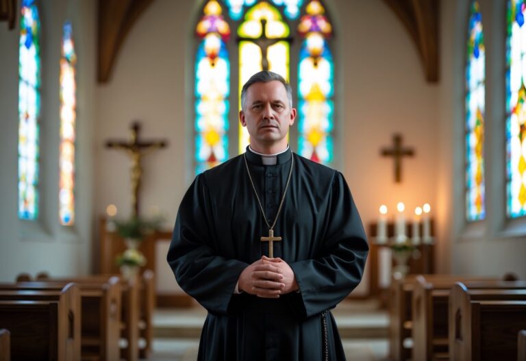 Homem vestido com traje religioso tradicional dentro de uma capela iluminada por vitrais coloridos.