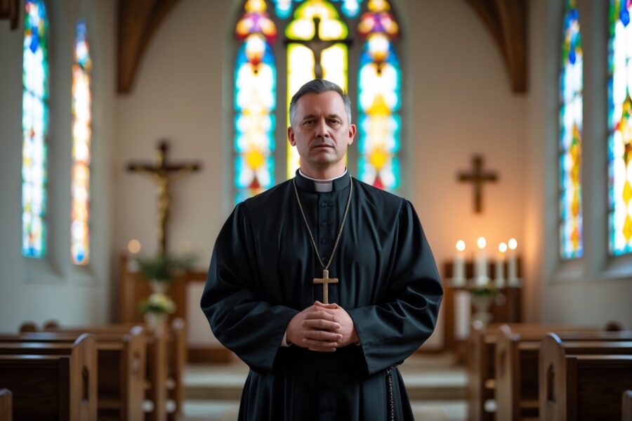 Homem vestido com traje religioso tradicional dentro de uma capela iluminada por vitrais coloridos.
