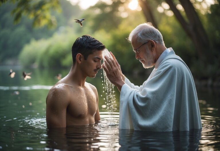 Um homem jovem sendo batizado por outro homem em um rio calmo, cercado por natureza e luz suave.