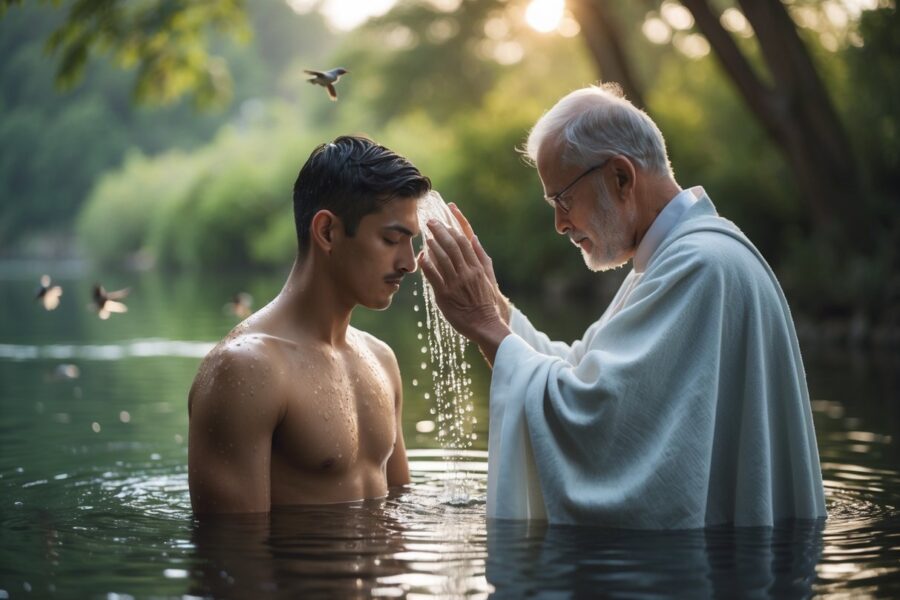 Um homem jovem sendo batizado por outro homem em um rio calmo, cercado por natureza e luz suave.