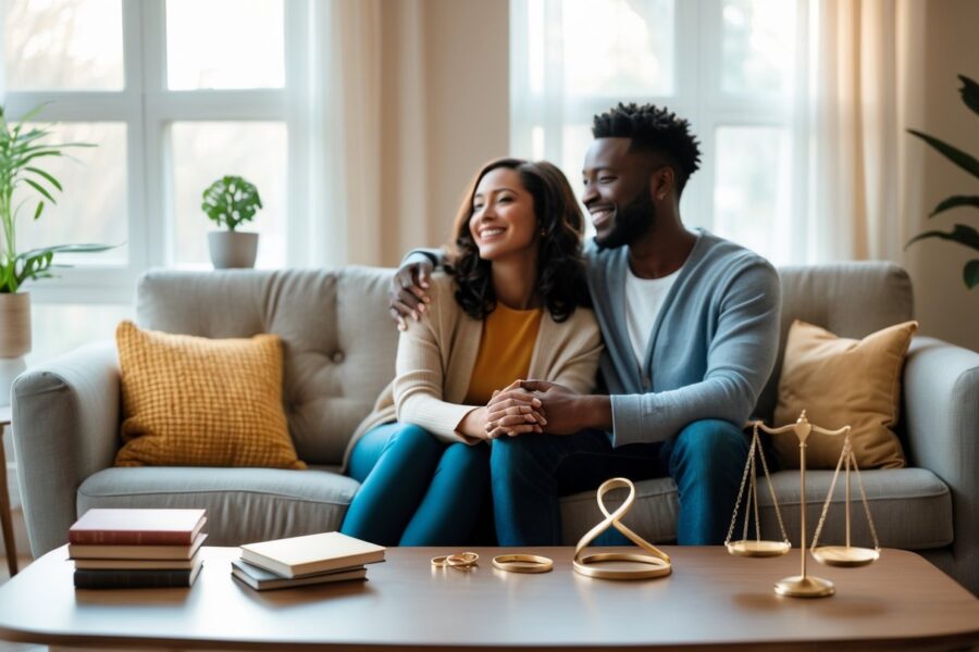 Casal sentado junto em um sofá, segurando as mãos e sorrindo, em uma sala de estar aconchegante com elementos que simbolizam amor, comunicação, compromisso e confiança.