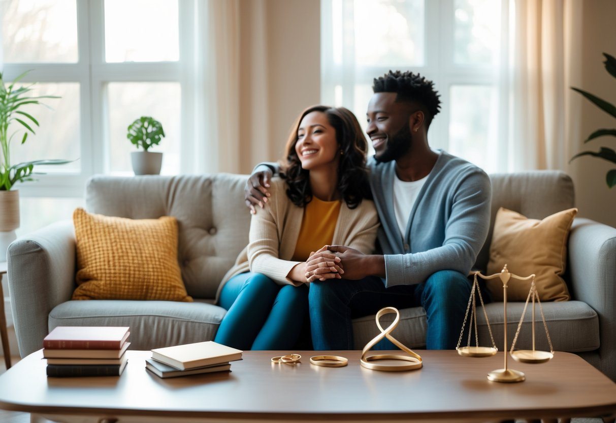 Casal sentado junto em um sofá, segurando as mãos e sorrindo, em uma sala de estar aconchegante com elementos que simbolizam amor, comunicação, compromisso e confiança.