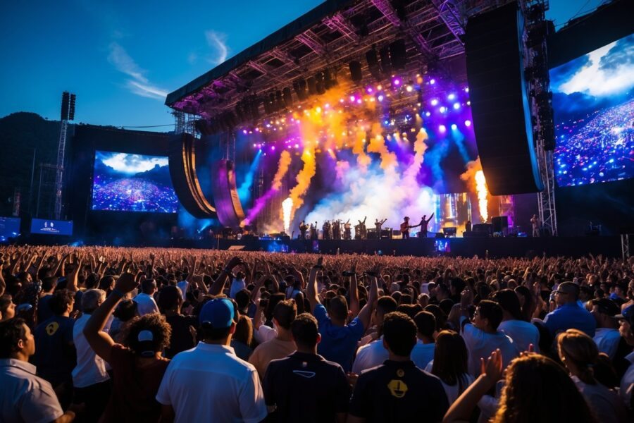 Show de música ao vivo no Brasil com grande público e palco iluminado durante a noite.